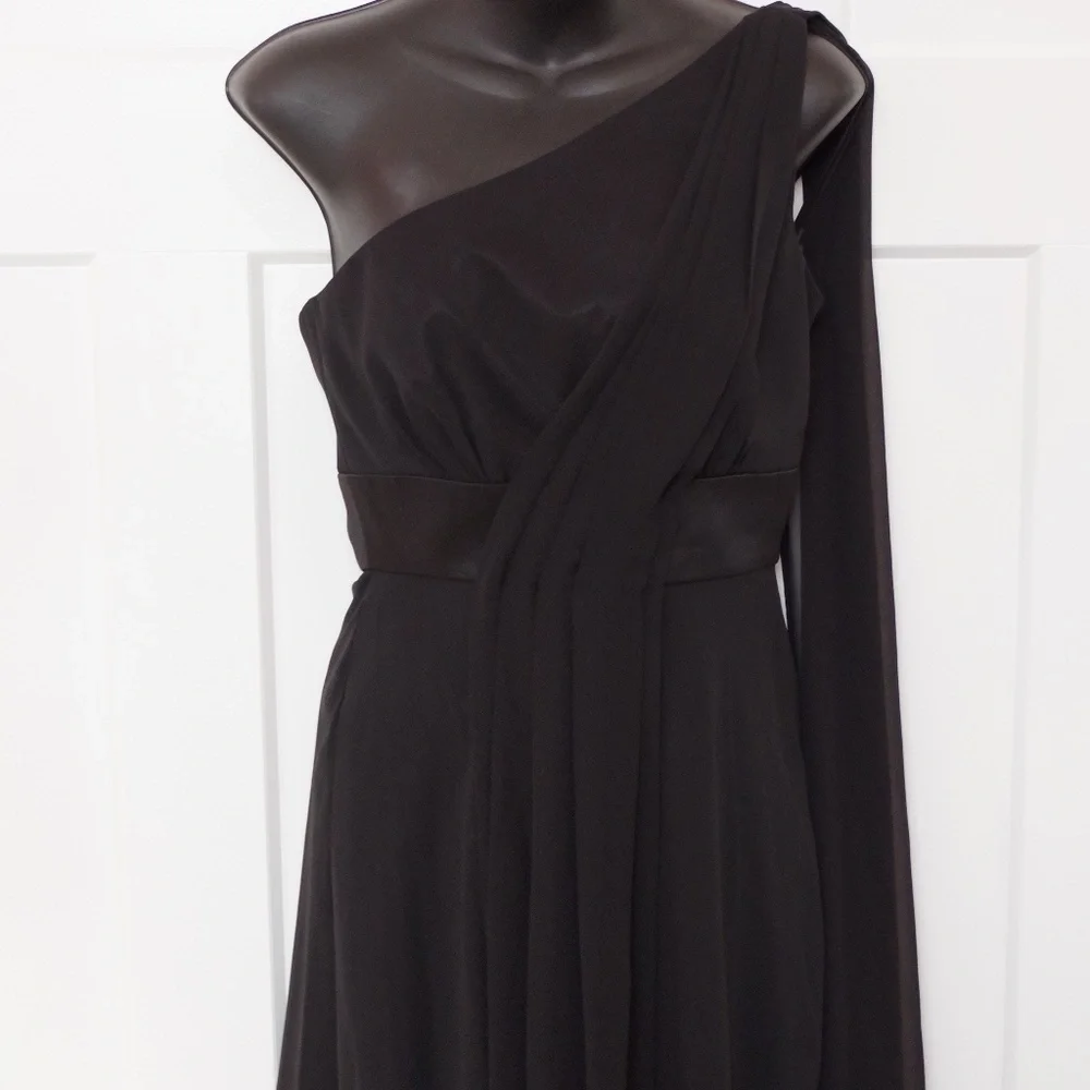 White House/Black Market 1 Shoulder Black Chiffon Cocktail Dress NEW- Sz. 2 - Picture 3 of 5